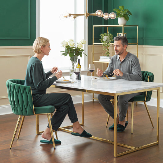 HOMCOM Velvet-Feel Dining Chairs Set of 2, Modern Upholstered Kitchen Chairs with Woven Backrest and Armrests, Metal Legs and Padded Seat for Dining Room, Bedroom, Living Room, Dark Green