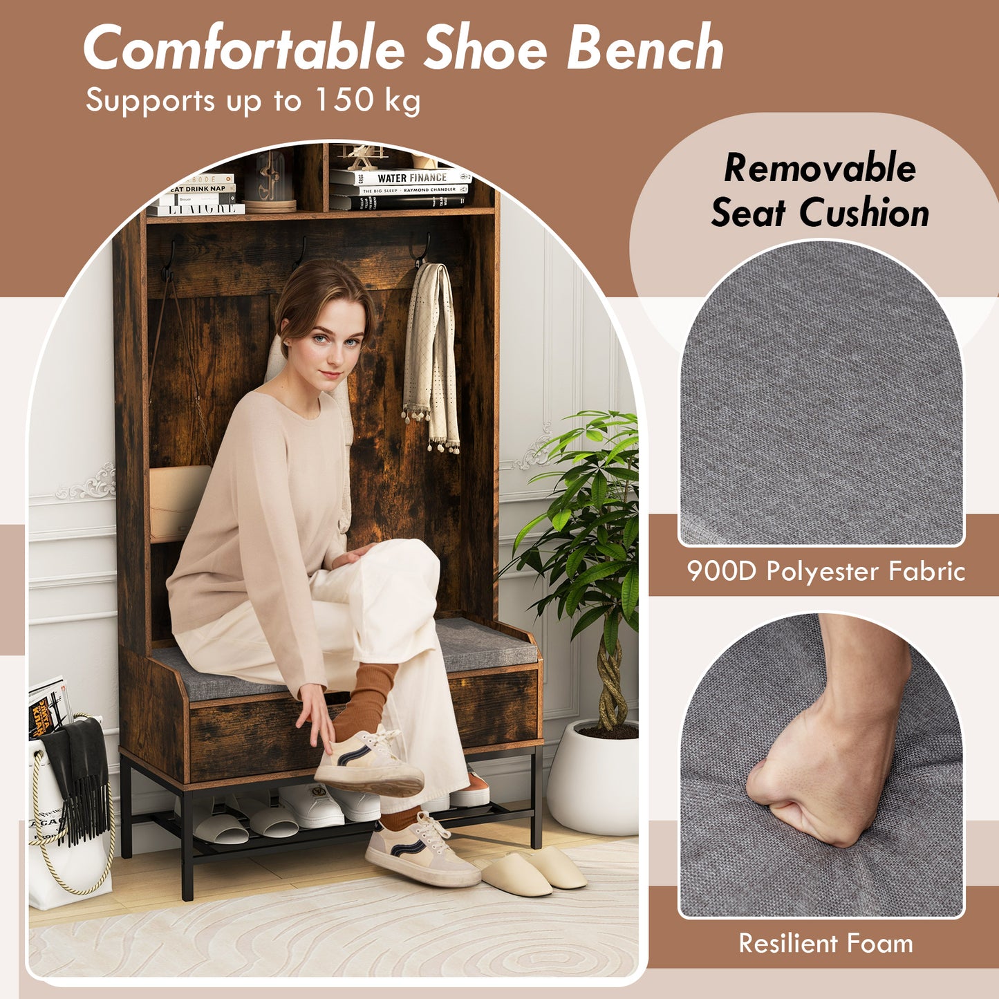 4-in-1 Coat Rack with Seat Cushion and Open Compartments-Rustic Brown
