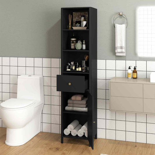 170cm Tall Bathroom Cabinet with Fluted Door and 1 Drawer 3 Open Shelves-Black