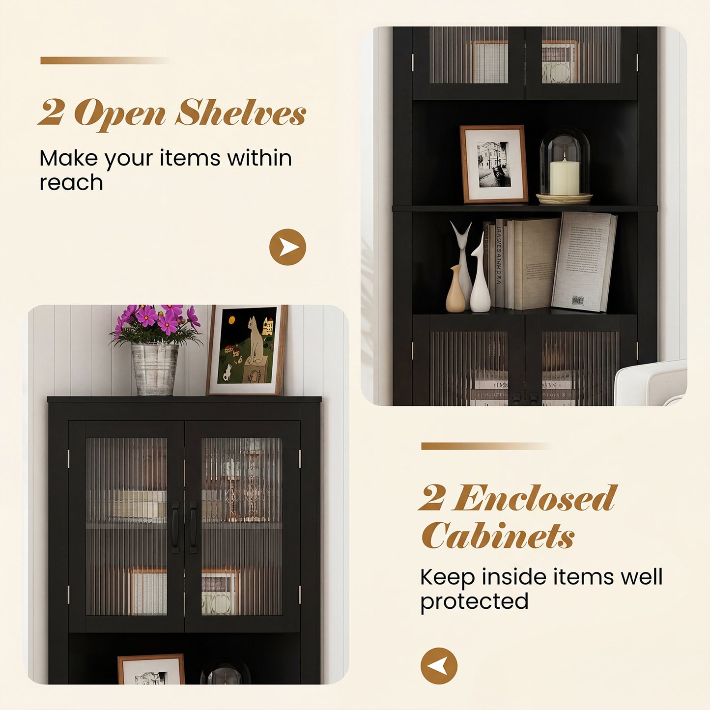 171cm Tall Space-saving Corner Cabinet with 4 Tempered Glass Doors and Adjustable Shelves-Black