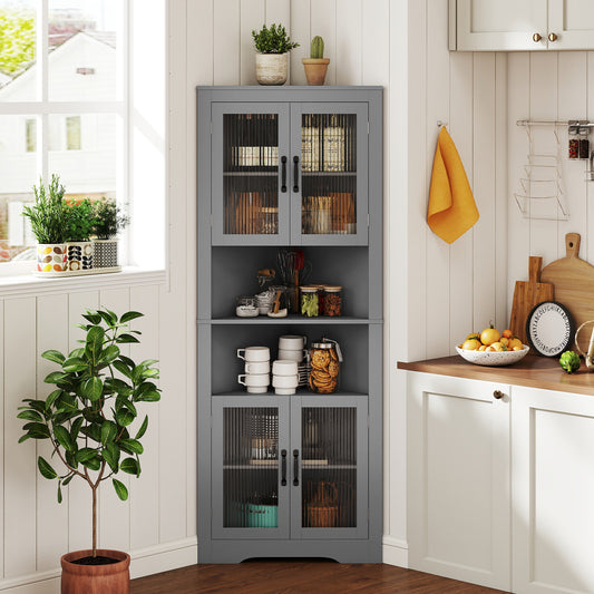 171cm Tall Space-saving Corner Cabinet with 4 Tempered Glass Doors and Adjustable Shelves-Grey