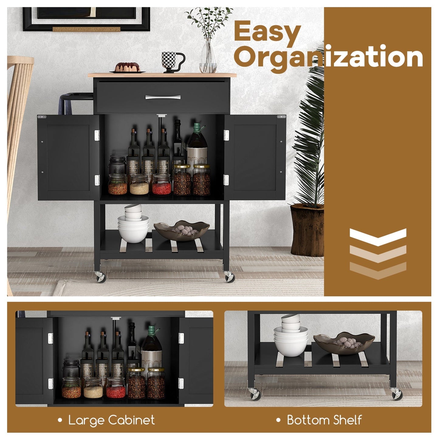 Rolling Kitchen Island Cart with Drawer and 2-Door Storage Cabinet-Black