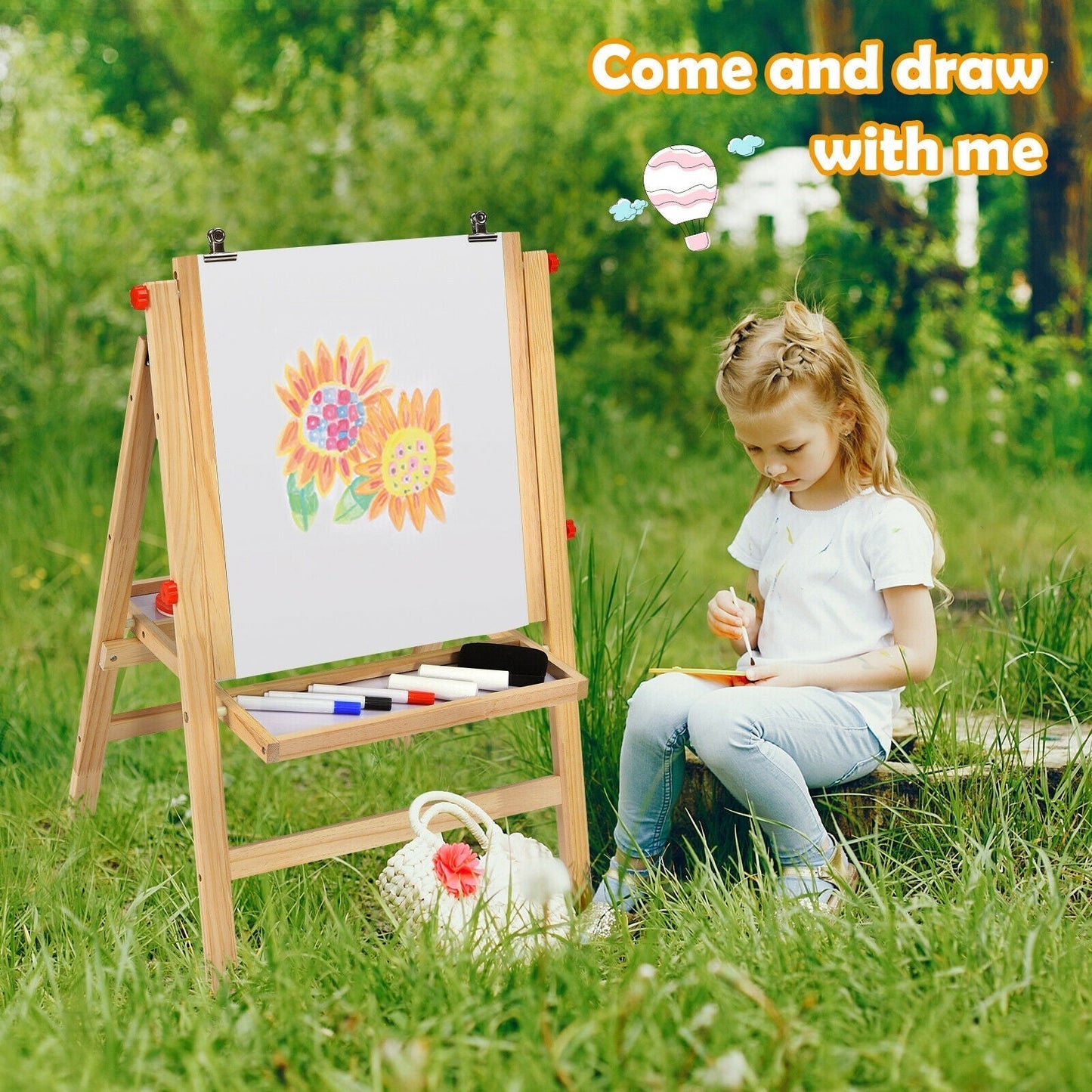 Kids Art Easel with Paper Roll Double Sided Chalkboard and Whiteboard-Gray