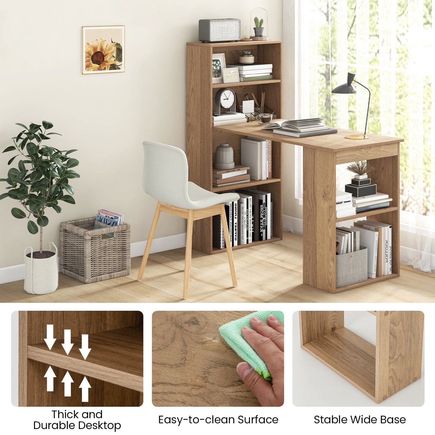 48 Inch Computer Desk with 4-Tier Bookcase and CPU Stand-Natural