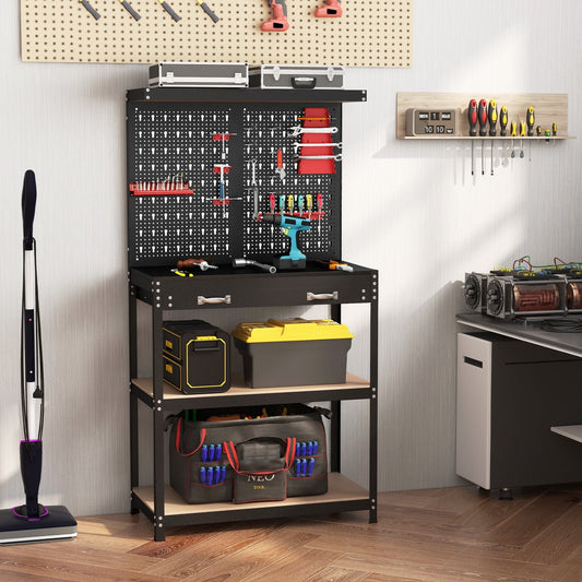 Tool Storage Workbench with Pegboard Shelves and Drawers-Red