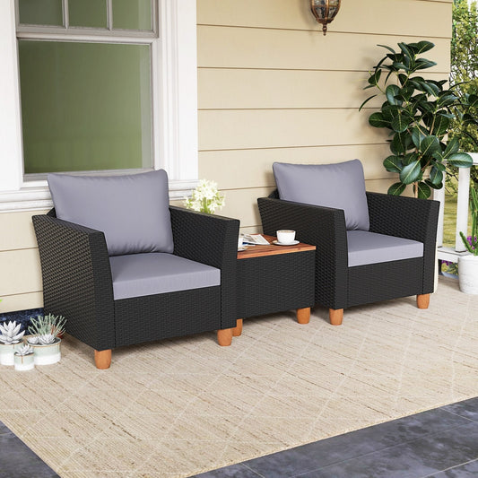 3 Pieces Patio Porch Furniture Set with Cushions and Storage Table-Grey