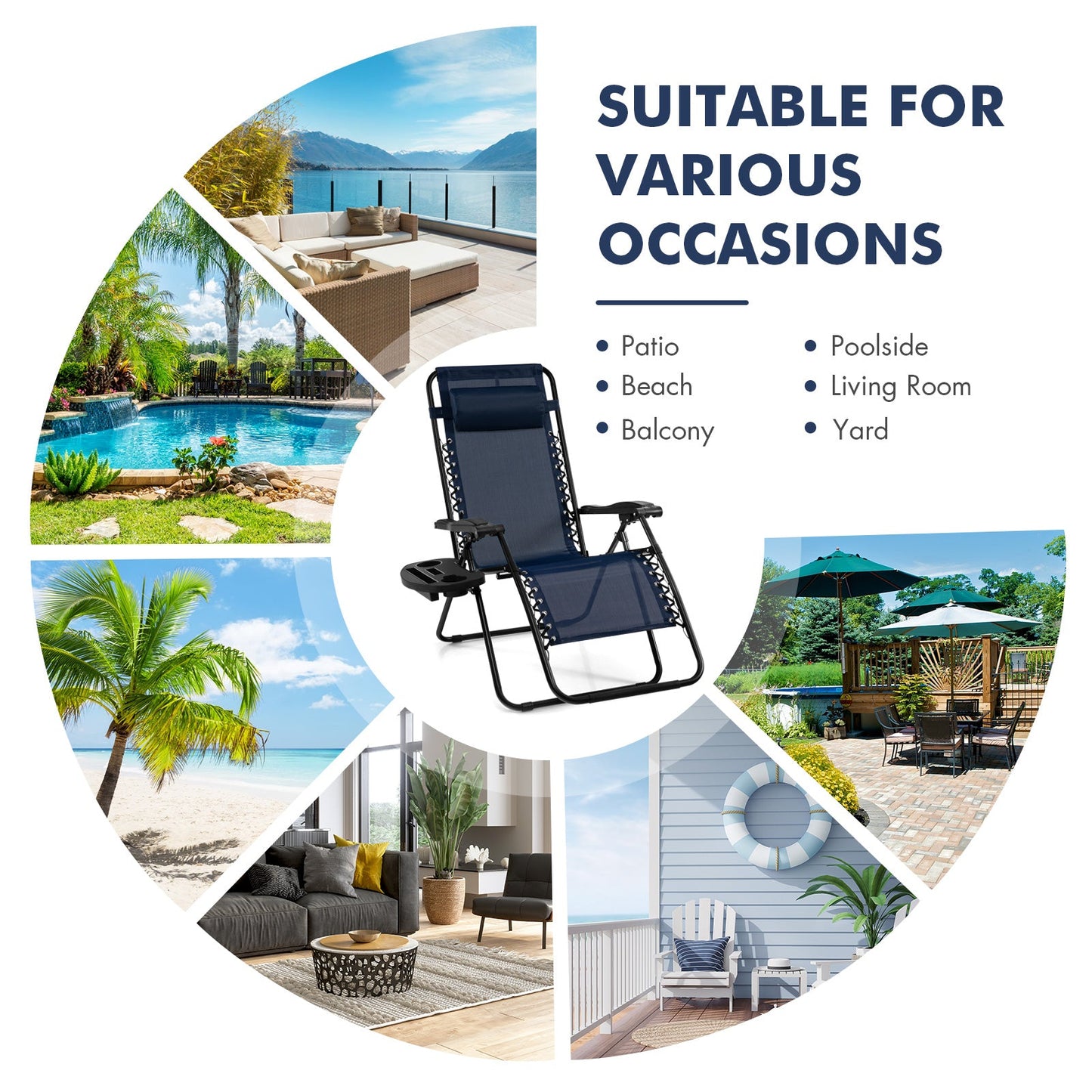 Patio Zero Gravity Lounge Chair with Cup Holder & Removable Pillow-Navy-1 piece