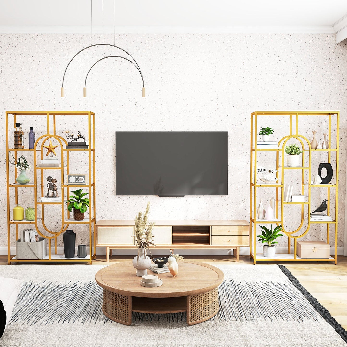 175CM 10-Tier Geometric Bookshelf with Faux Marble Shelves-White & Golden