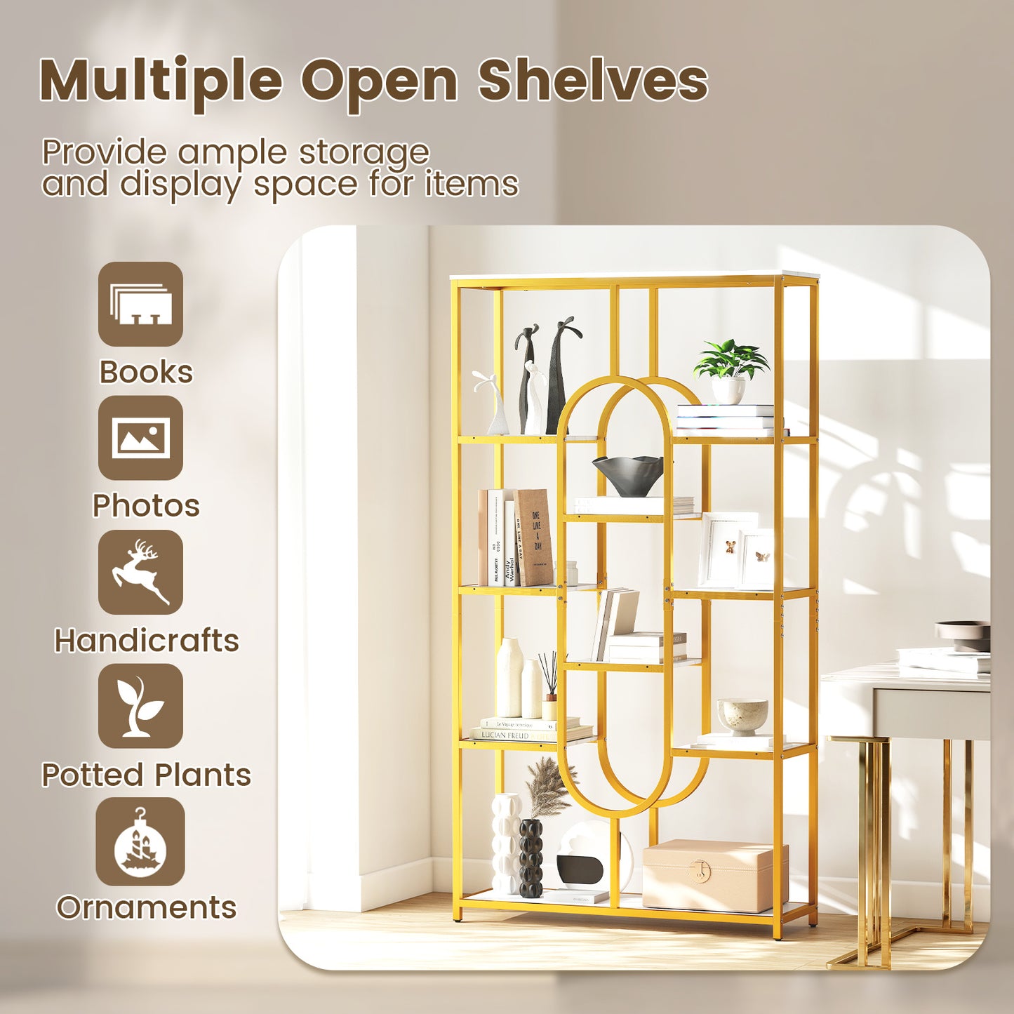 175CM 10-Tier Geometric Bookshelf with Faux Marble Shelves-White & Golden