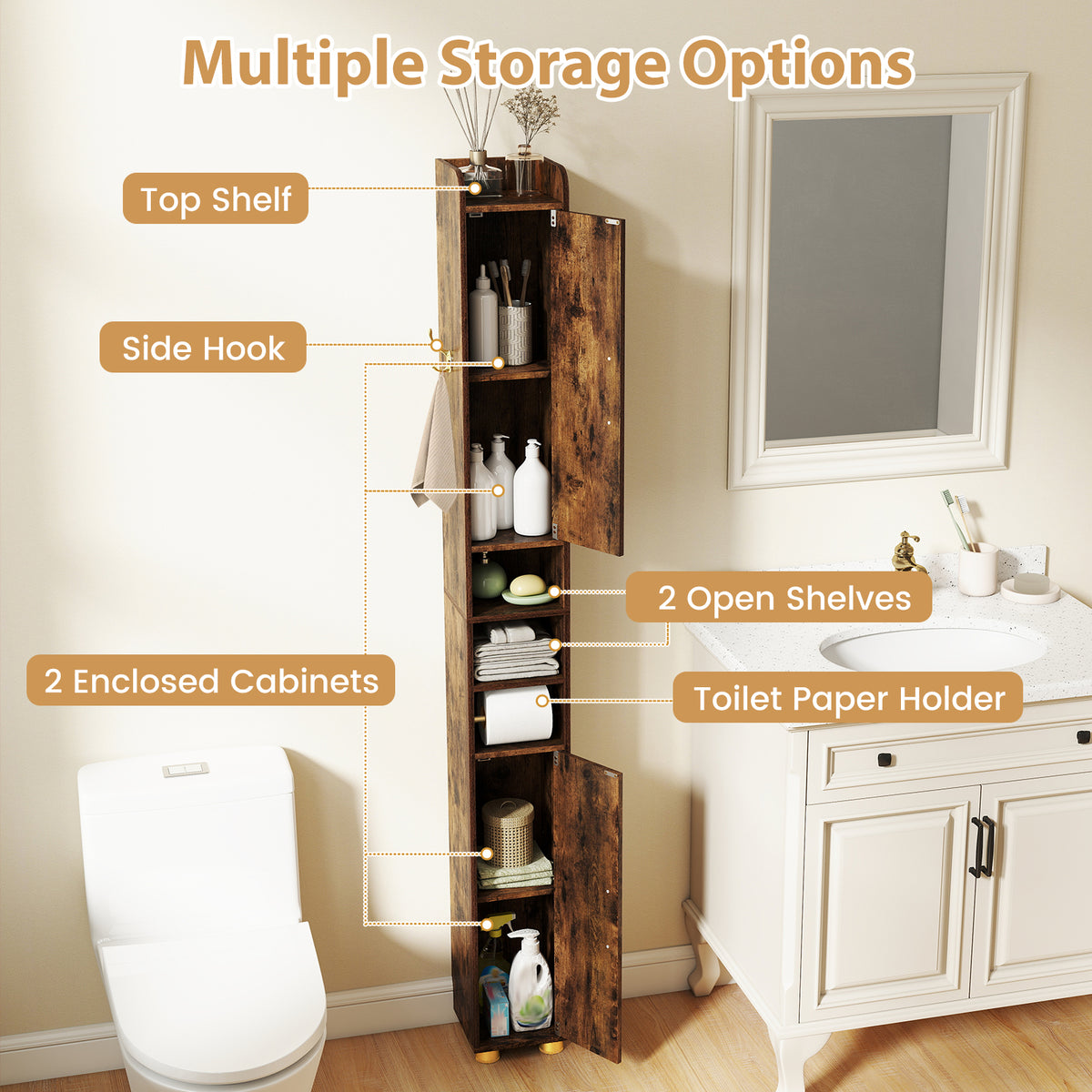 176.5cm Tall Storage Organizer with 2 Doors and Adjustable Shelves-Rustic Brown