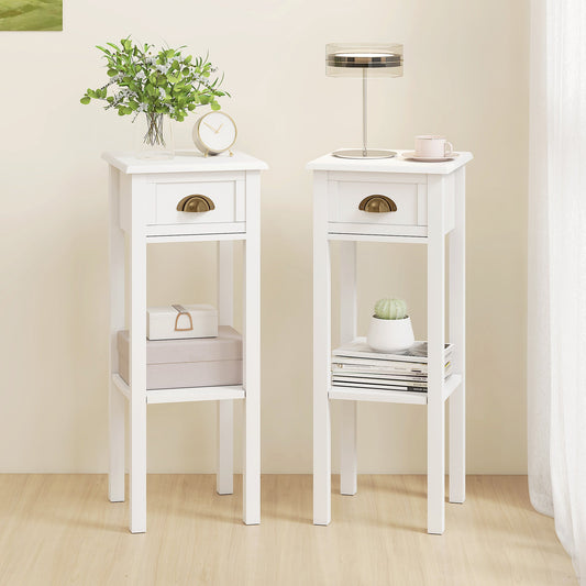 HOMCOM 2-Tier Side Tables Set of 2 with Drawer and Shelf, 2 Pieces Bedside Tables for Living Room and Hallway, White