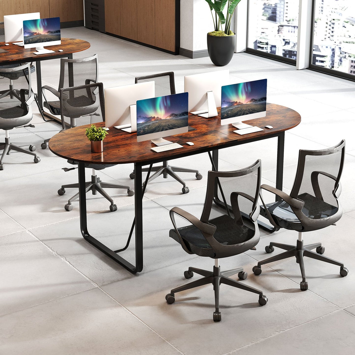180 CM Executive Table Oval Home Office Table with Cable Management Hole-Rustic Brown