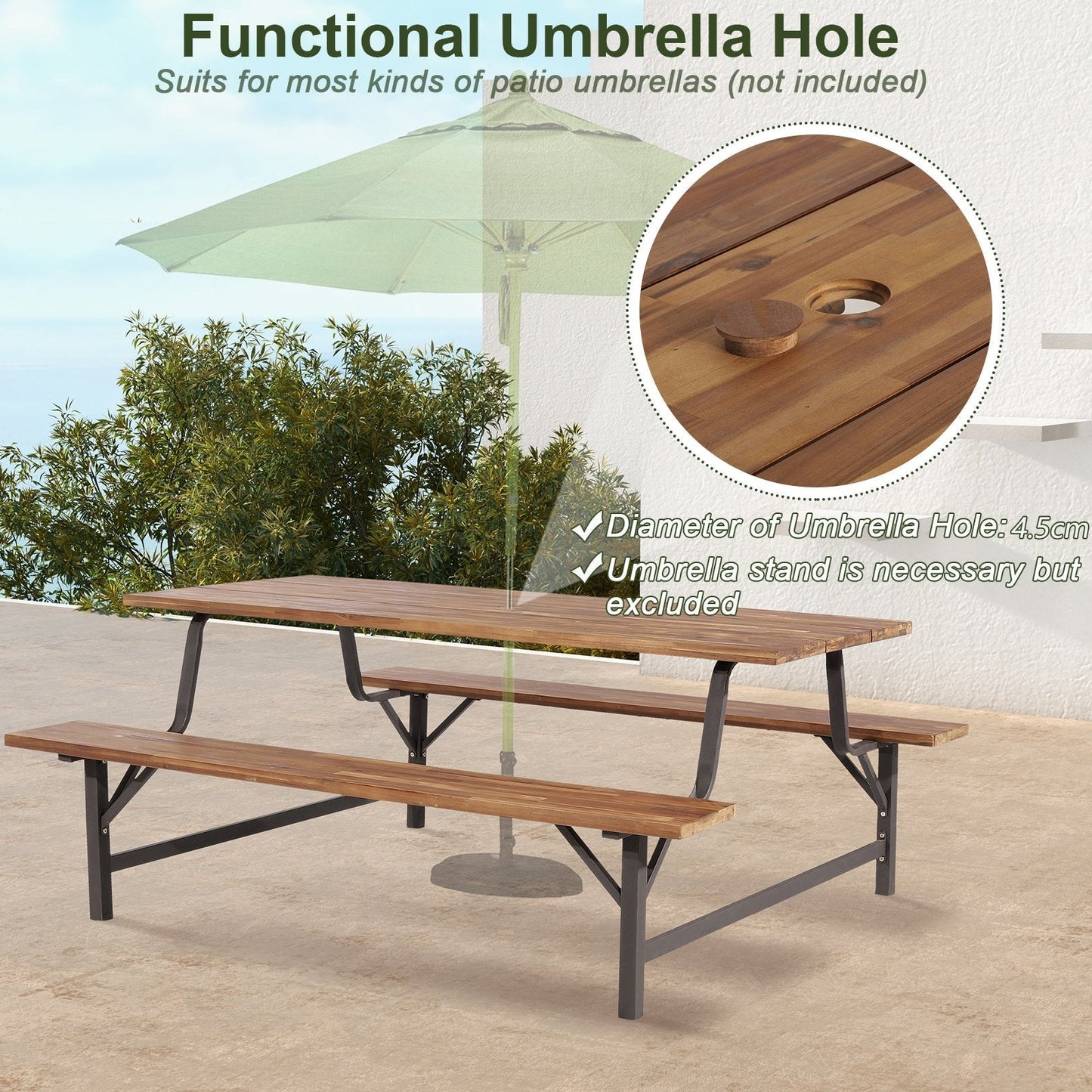 180cm Patio Picnic Table Bench Set with Acacia Wood Tabletop and Seat