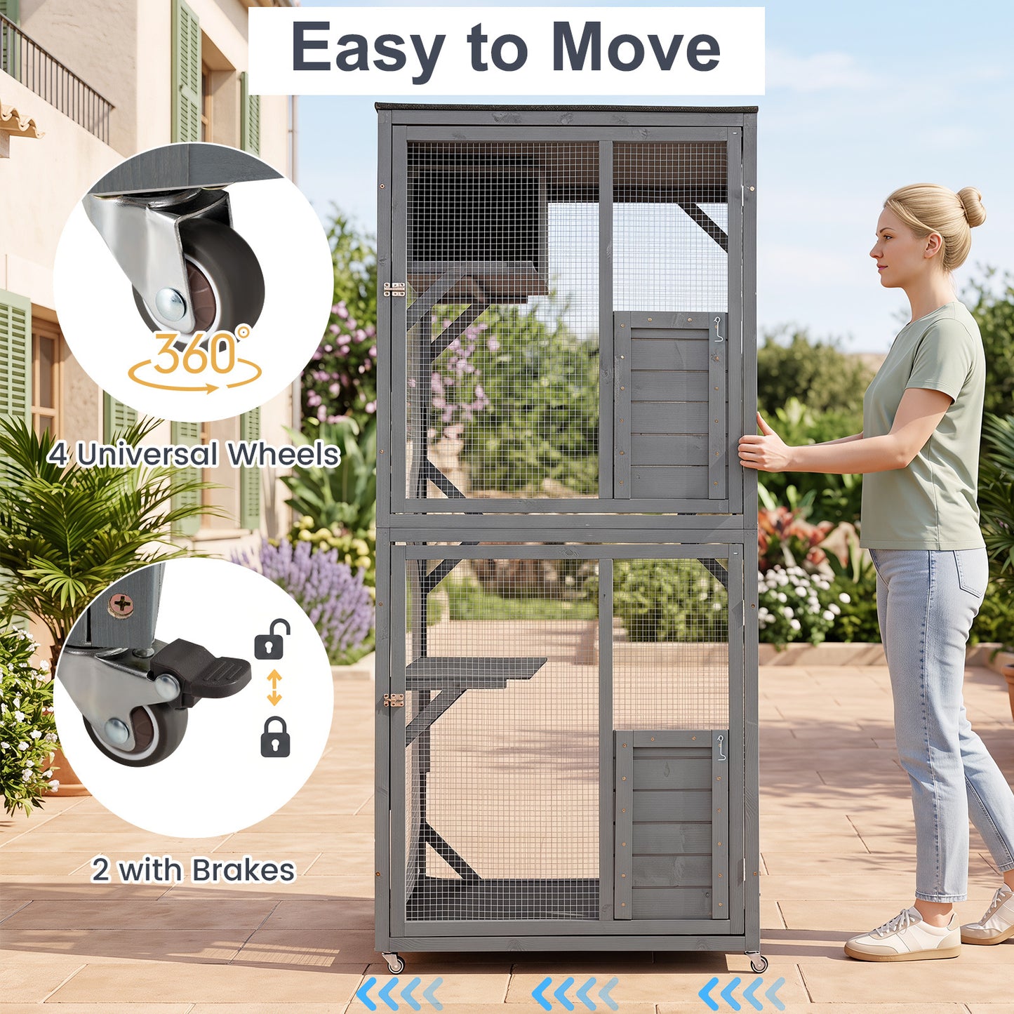 182.5 cm Large Outdoor Cat Enclosure on Wheels with 3 Platforms and Condo-Grey