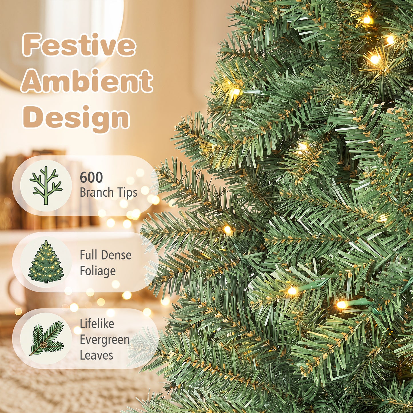 183/152/122 cm Artificial Christmas Tree with Branch Tips and LED Lights for Indoor-XS