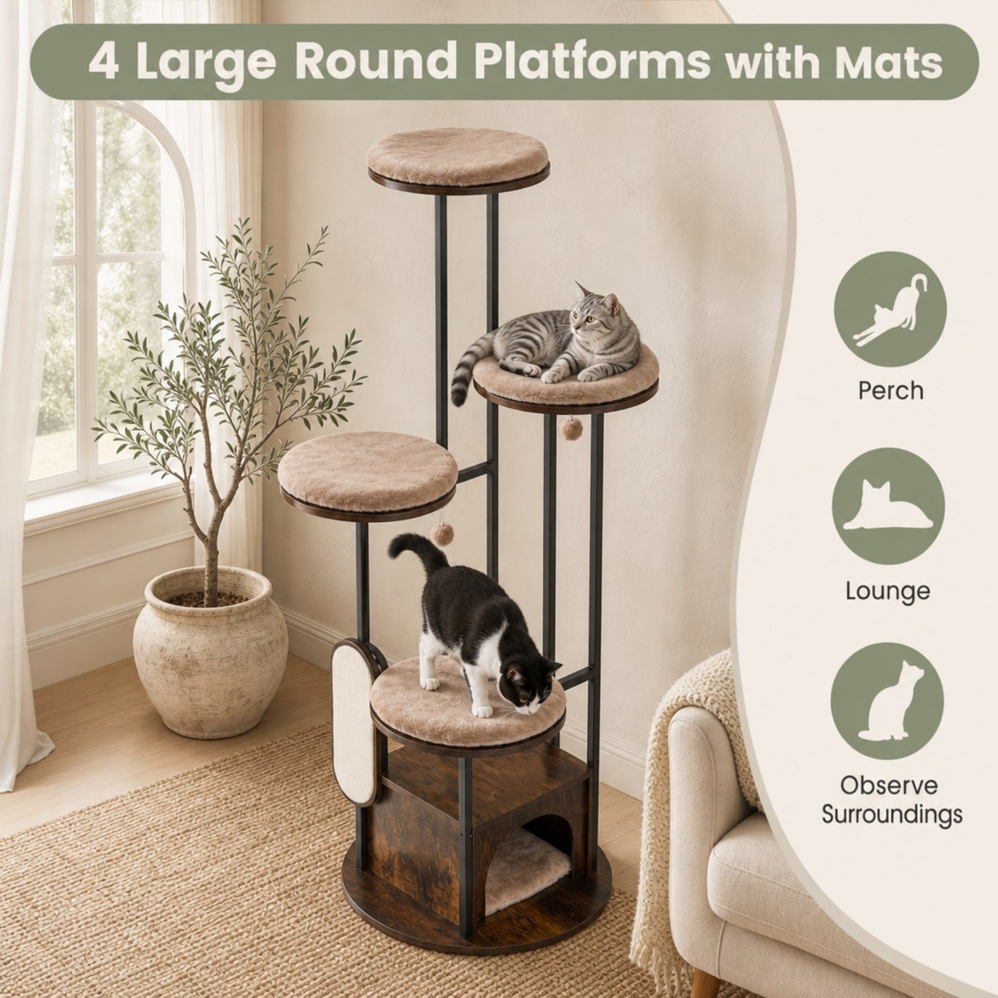 183 CM Tall Modern Cat Tree Tower with Top Perch Platforms and Removable Washable Mats-Brown