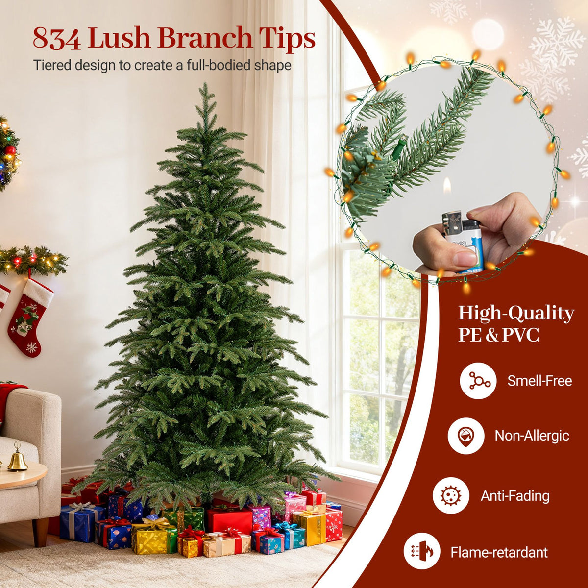 185 CM Artificial Christmas Tree Pre-lit Xmas Tree with 1628 Branch Tips-S