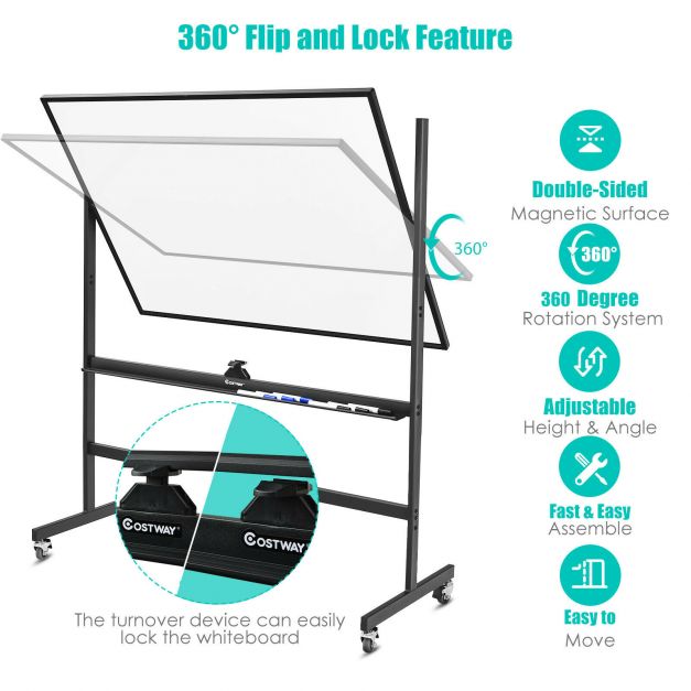 mobile magnetic large reversible whiteboard 360° rotatable 90 x 120 cm black + white