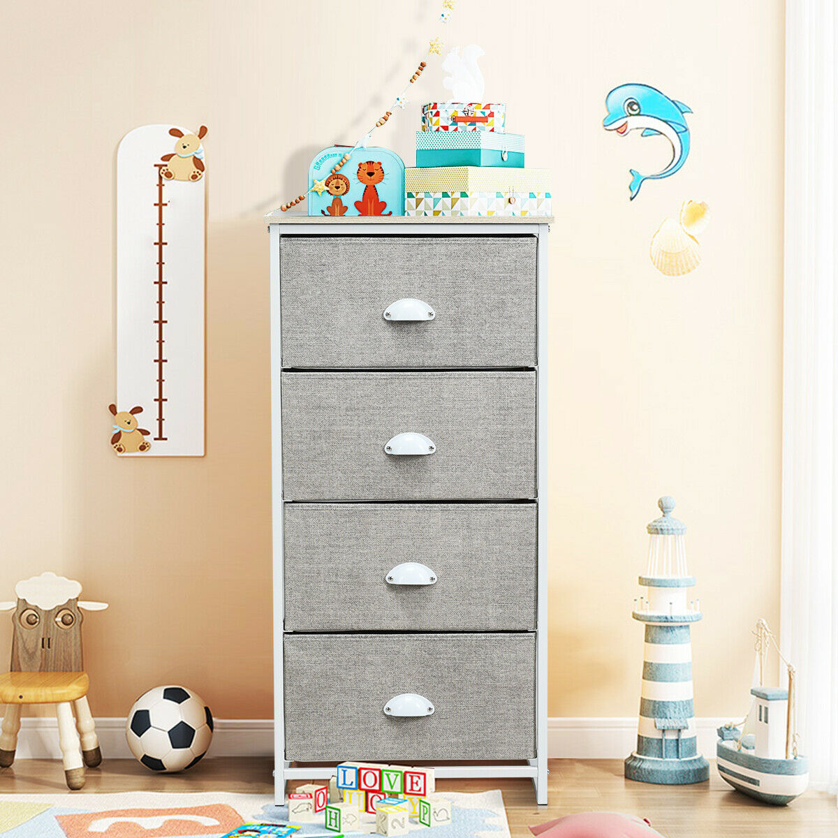 3/4 Fabric Nightstand Bedside Storage Cabinet Folding Drawers-4-Tier