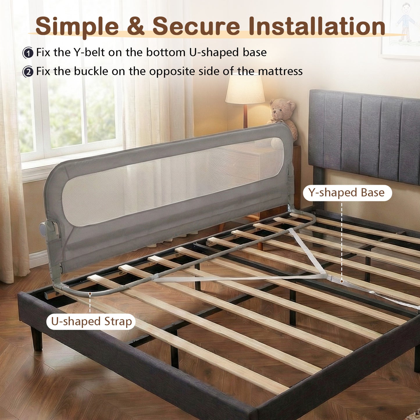 198 cm Long Adjustable Baby Bed Rail Guard with Extra Buckle-Grey