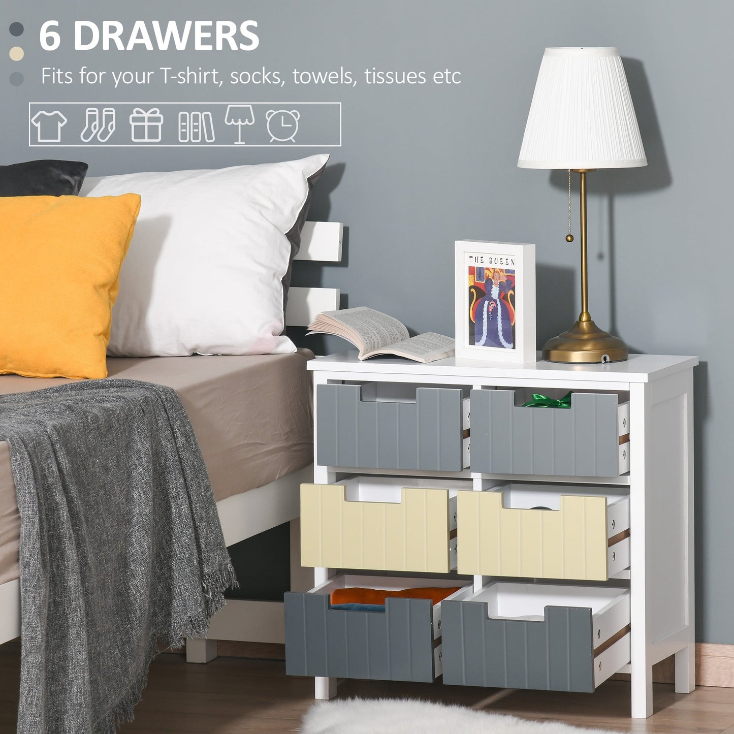 HOMCOM 6 Drawer Storage Tower, Dresser Chest with Wood Top, Organiser Unit for Closets Bedroom Nursery Room Hallway