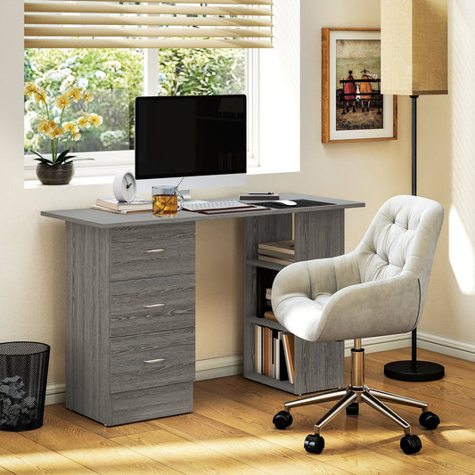 HOMCOM Computer Desk, Writing Table, PC Workstation with 3 Storage Shelves and Drawers, Silver Handle, for Home Office, Grey