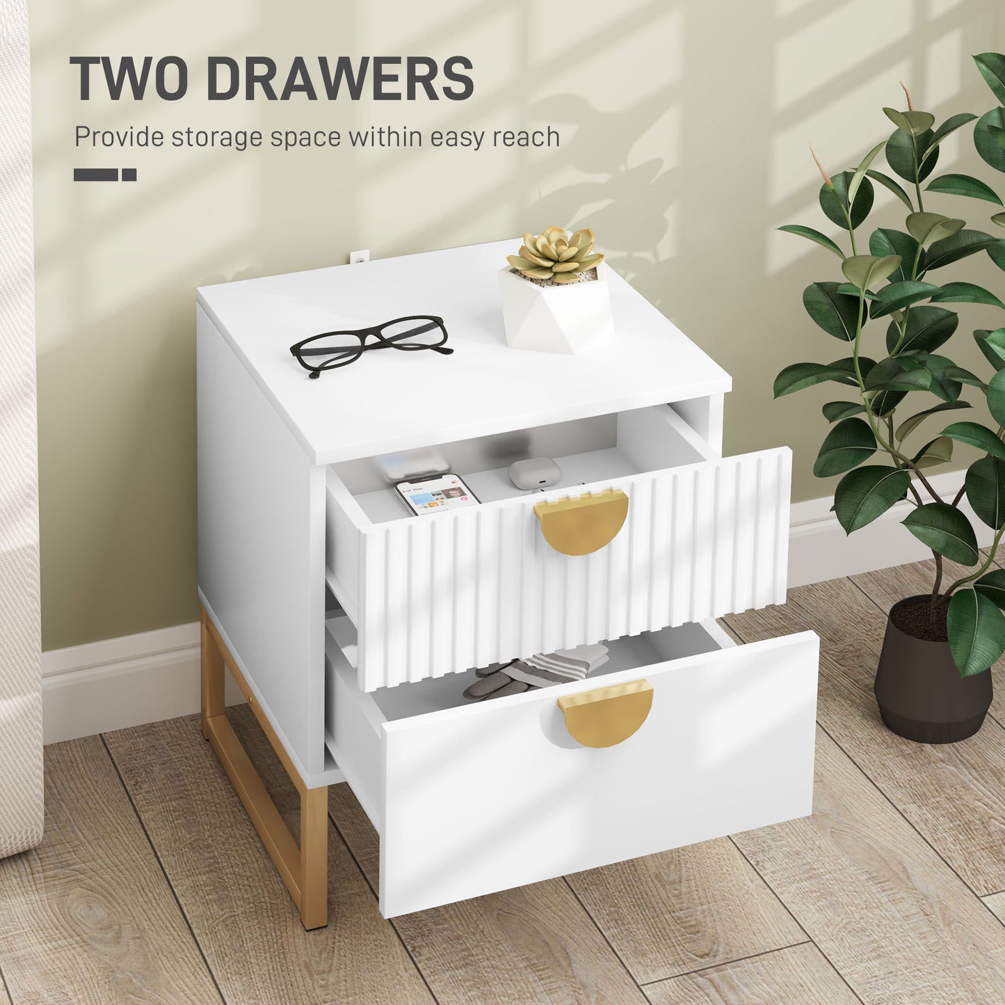 HOMCOM Elegant Two-Drawer Bedside Table - White