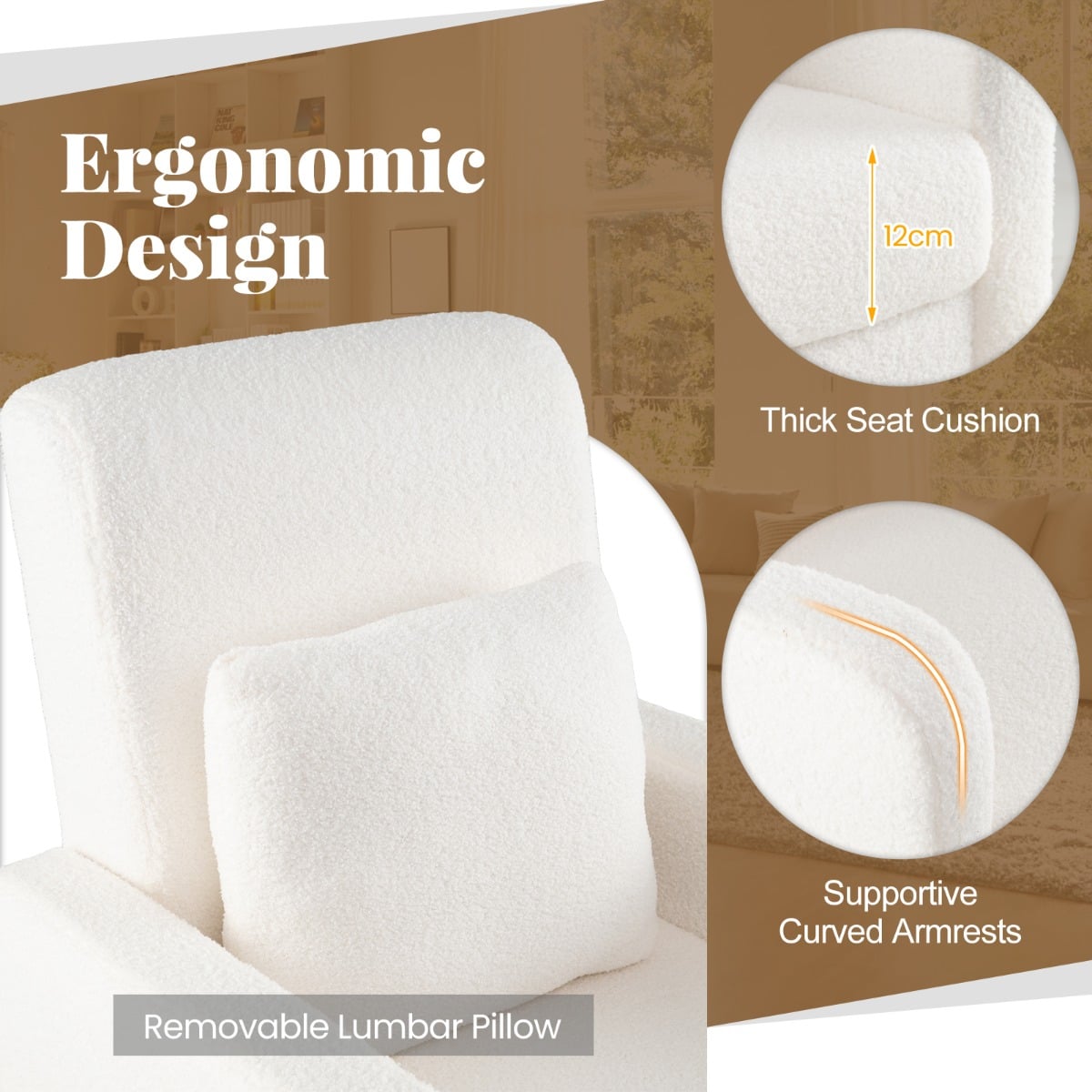 Modern Upholstered Sofa Chair with Lumbar Pillow for Living Room-White