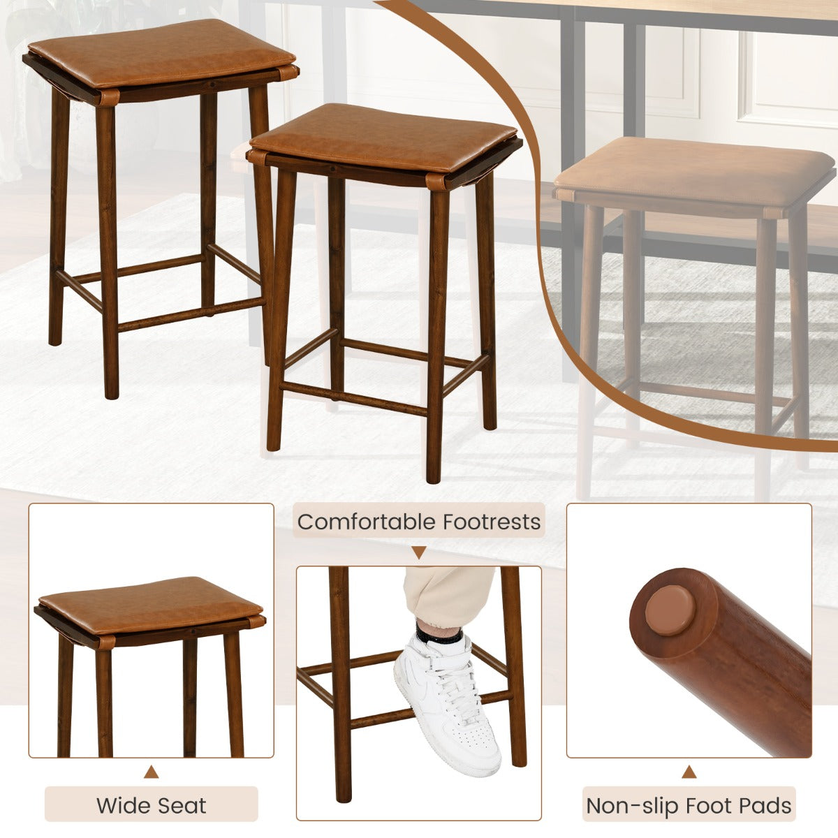 Set of 2 69cm Dining Barstools with Footrest & Removable Cushion