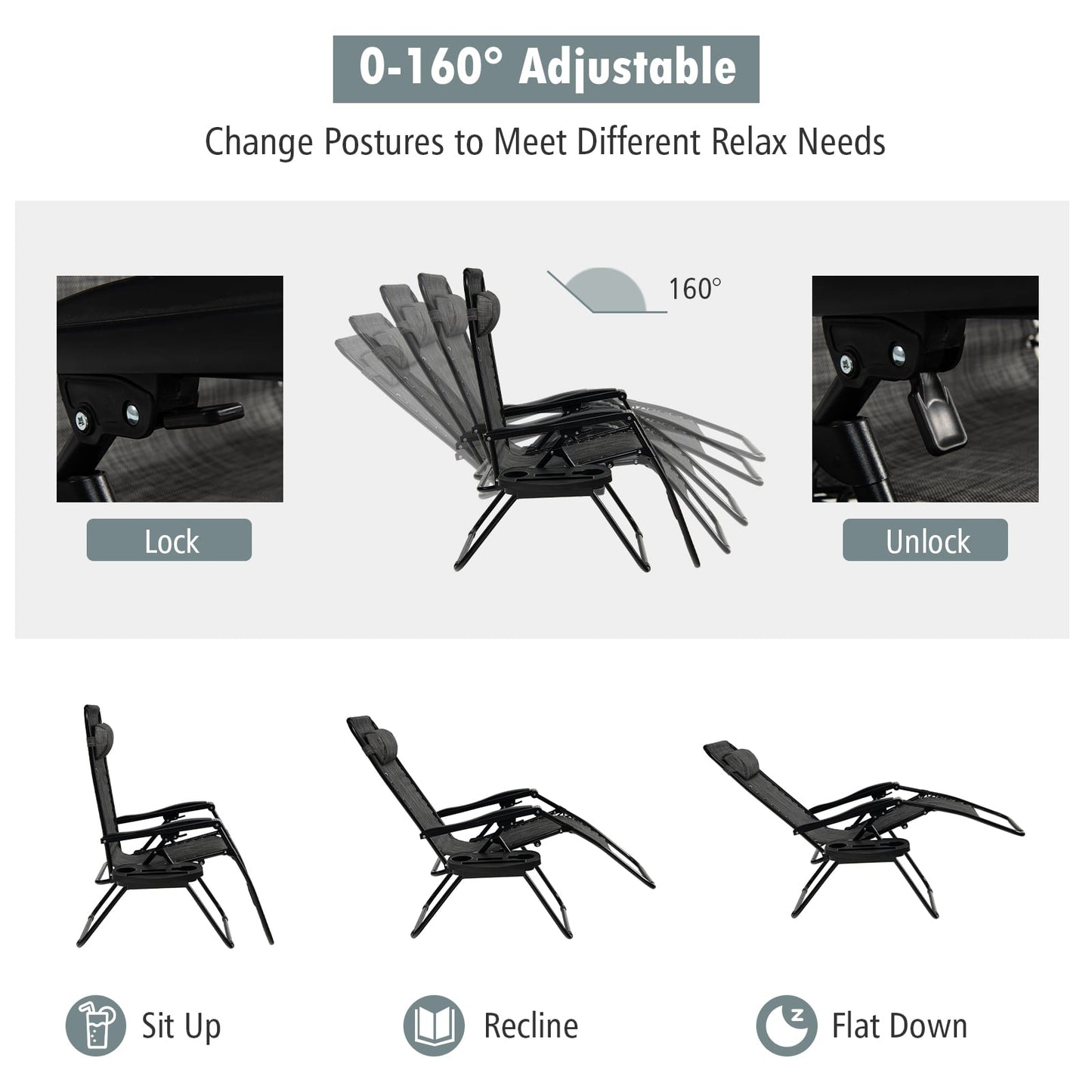 Folding Patio Recliners with Removable Headrest and Cup Holder-Grey