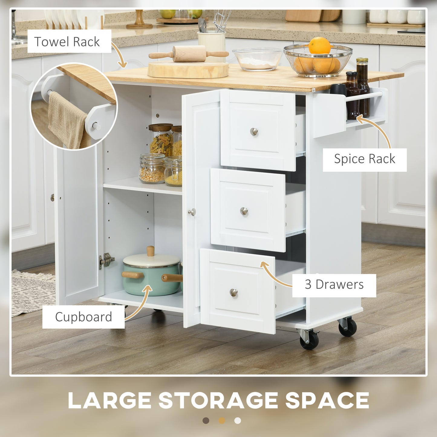 HOMCOM Kitchen Island with Drop Leaf, Rolling Kitchen Storage Trolley on Wheels with 3 Drawers, Spice Rack and Towel Rack, Storage Cart with Rubber Wood Top, White