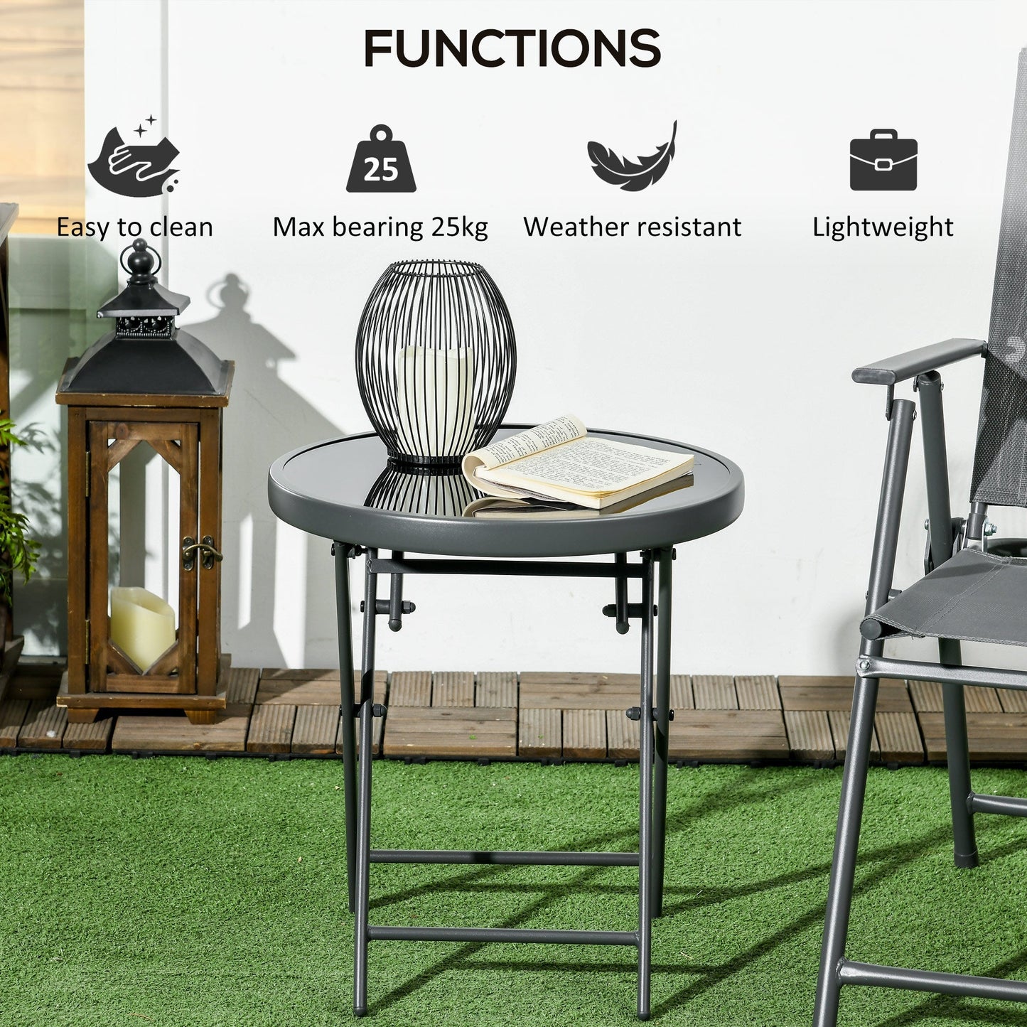 Outsunny â45cm Garden Side Table, Outdoor Round Folding Patio Table with Imitation Marble Glass Top, Small Coffee Table, Black