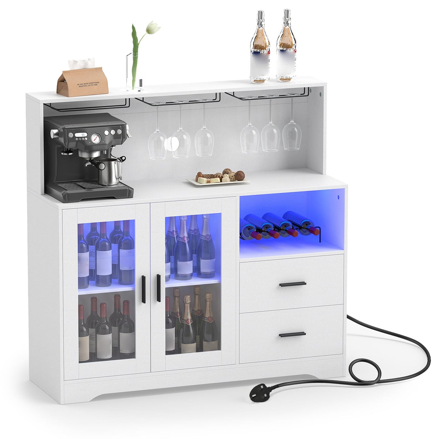 2-Door Wine Bar Cabinet with LED Lights and Charging Station for Kitchen-White