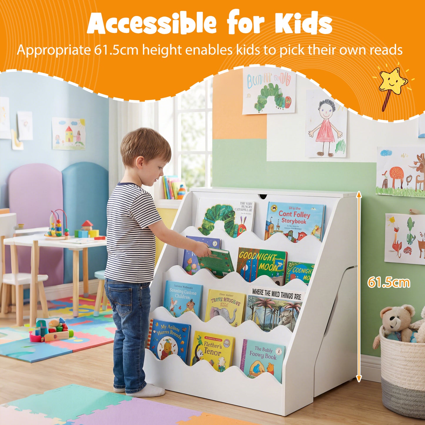 2-In-1 Kids' Bookshelf and Toy Storage Organizer with Rolling Drawer Cart and 4 Tier Book Shelf-White