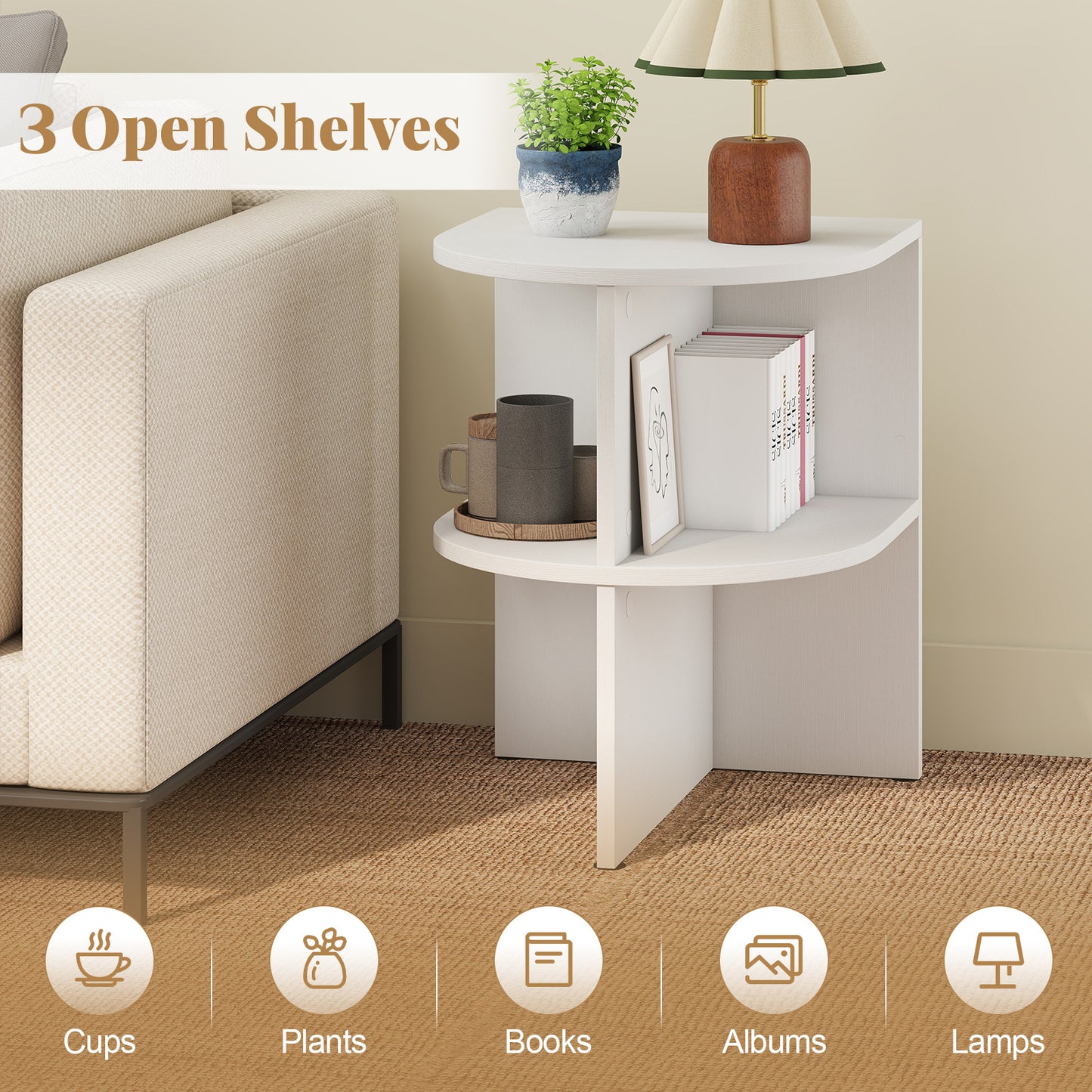 2 Pack Half Round End Table 2-Tier Half Moon Side Table with Open Shelves-White