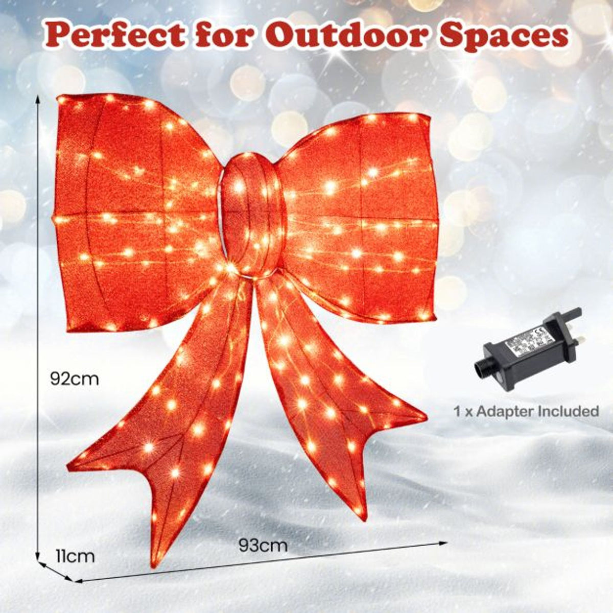 2-Piece Christmas Decoration Set: Pre-Lit Snowy Xmas Tree & 93cm Lighted Giant Bow, Festive Display for Lounges, Porches & Mantelpieces