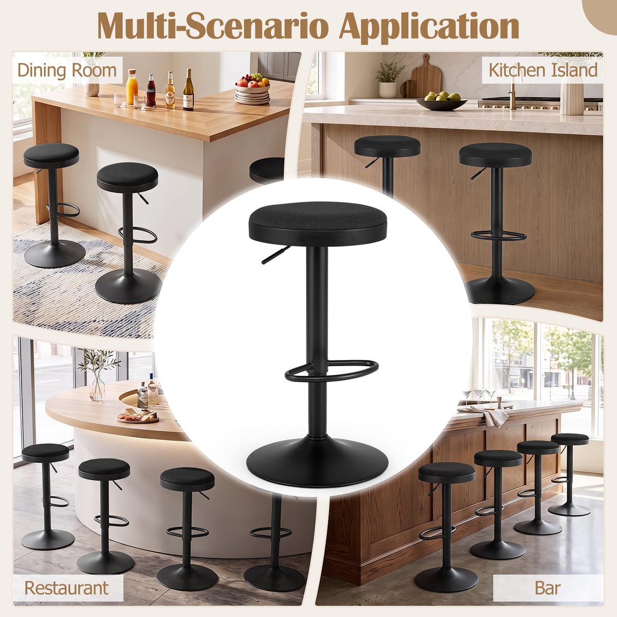 2 Piece Kitchen Bar Stool with Height Adjustment and D-Shaped Footrest-Black