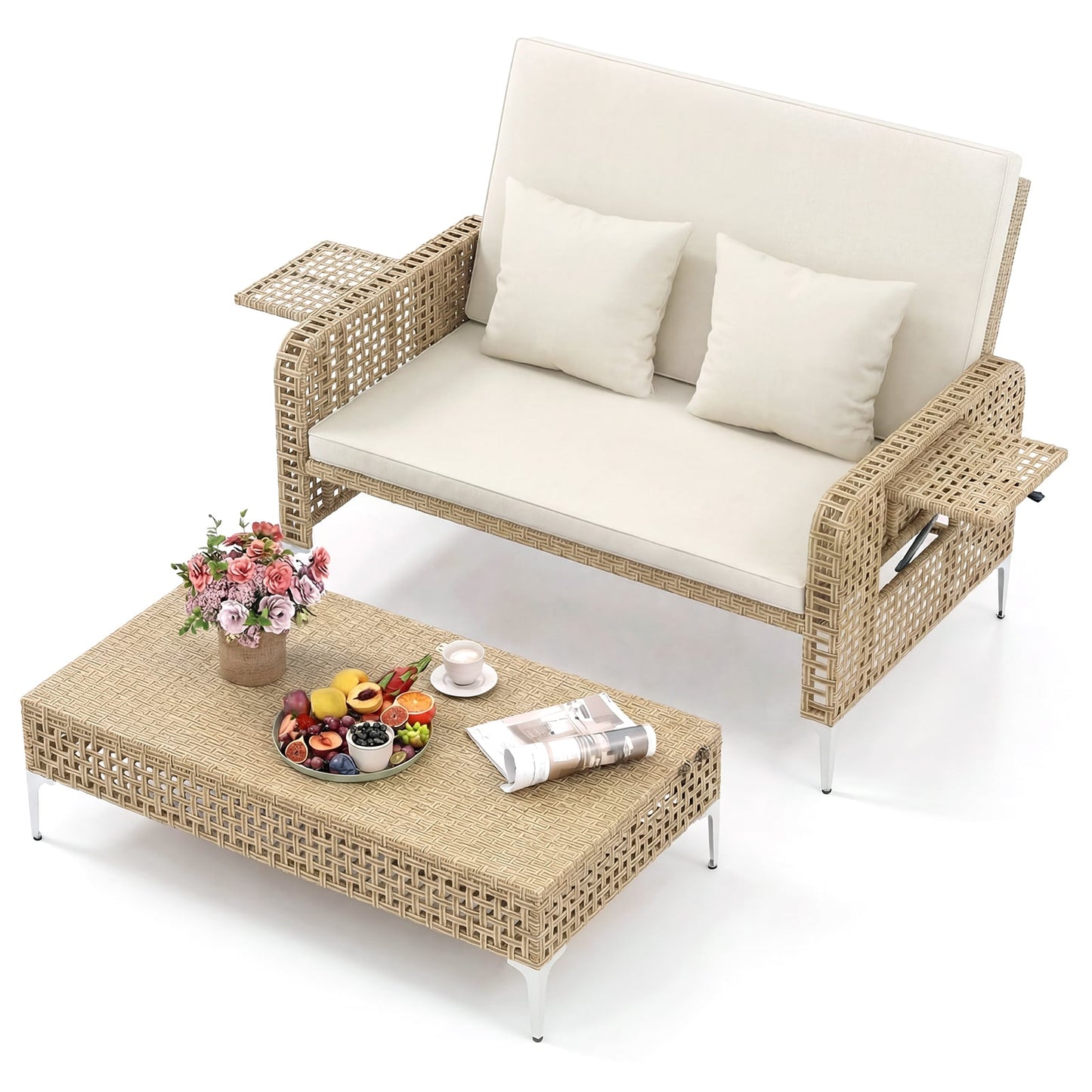2-Piece Patio Daybed Set with Storage Ottoman-White