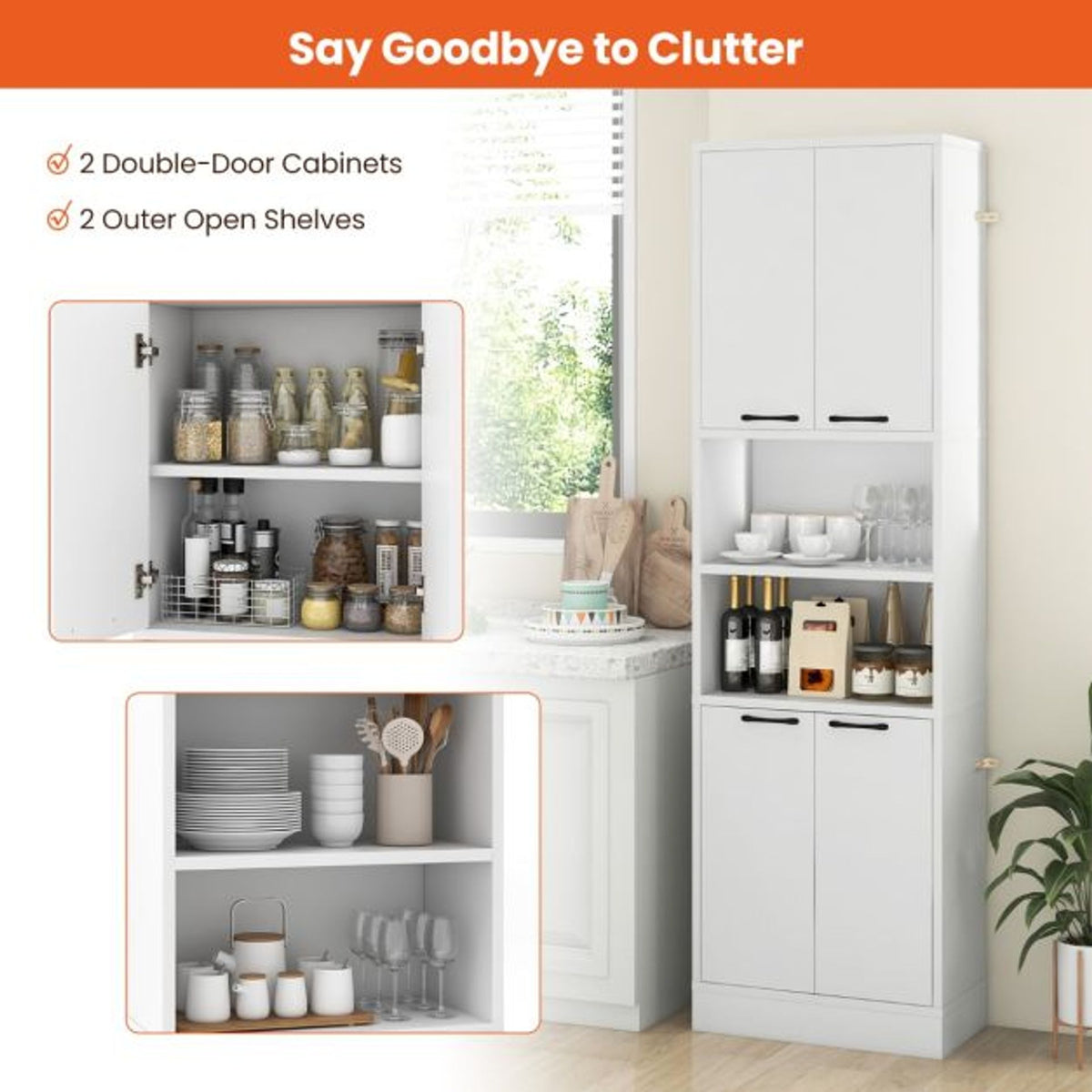 2-Piece White Kitchen Pantry Cabinet Set with Adjustable Shelves