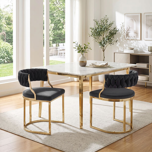 2 Pieces Velvet Dining Chairs with Curved Back and Metal Base-Black