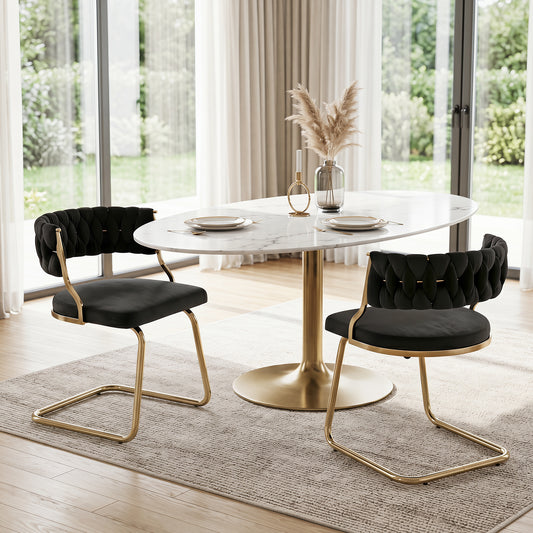 2 Pieces Velvet Dining Chairs with Curved Back and Sled Metal Base-Black