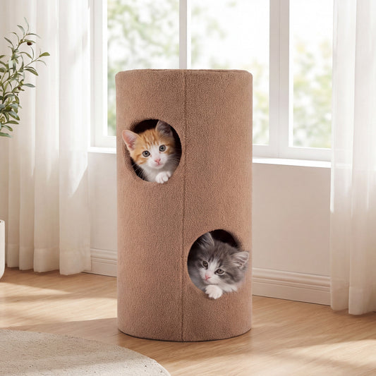 2-Tier Cat House for Indoor Cats with Sisal Scratching Mat Hideaway Cave and Bear Accents-Brown