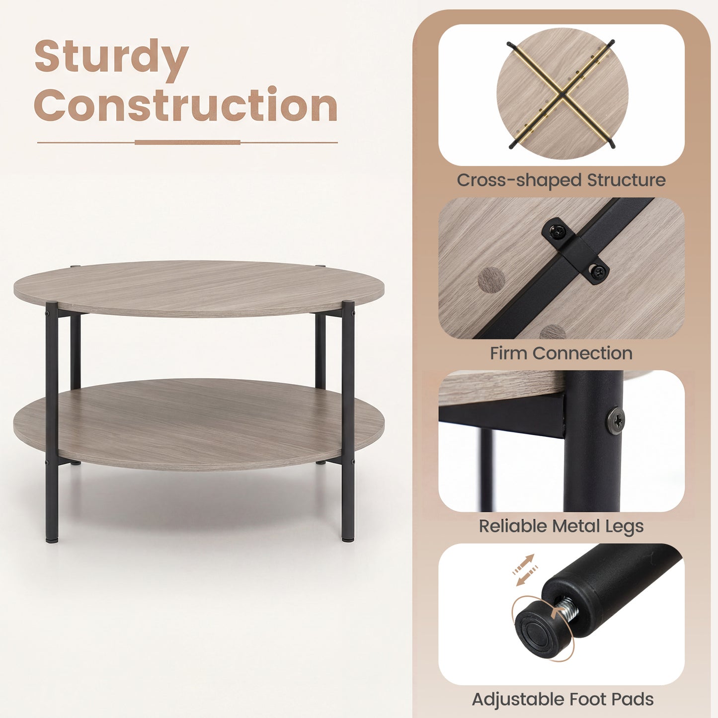 2-Tier Industrial Round Coffee Table with Open Storage Shelf-Grey