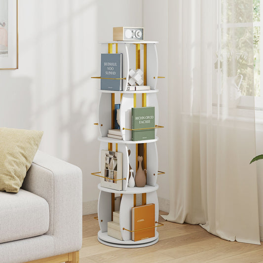 2-Tier Rotating Bookshelf Space-Saving with 4 Safety Guard Rails and Metal Storage Stand-White