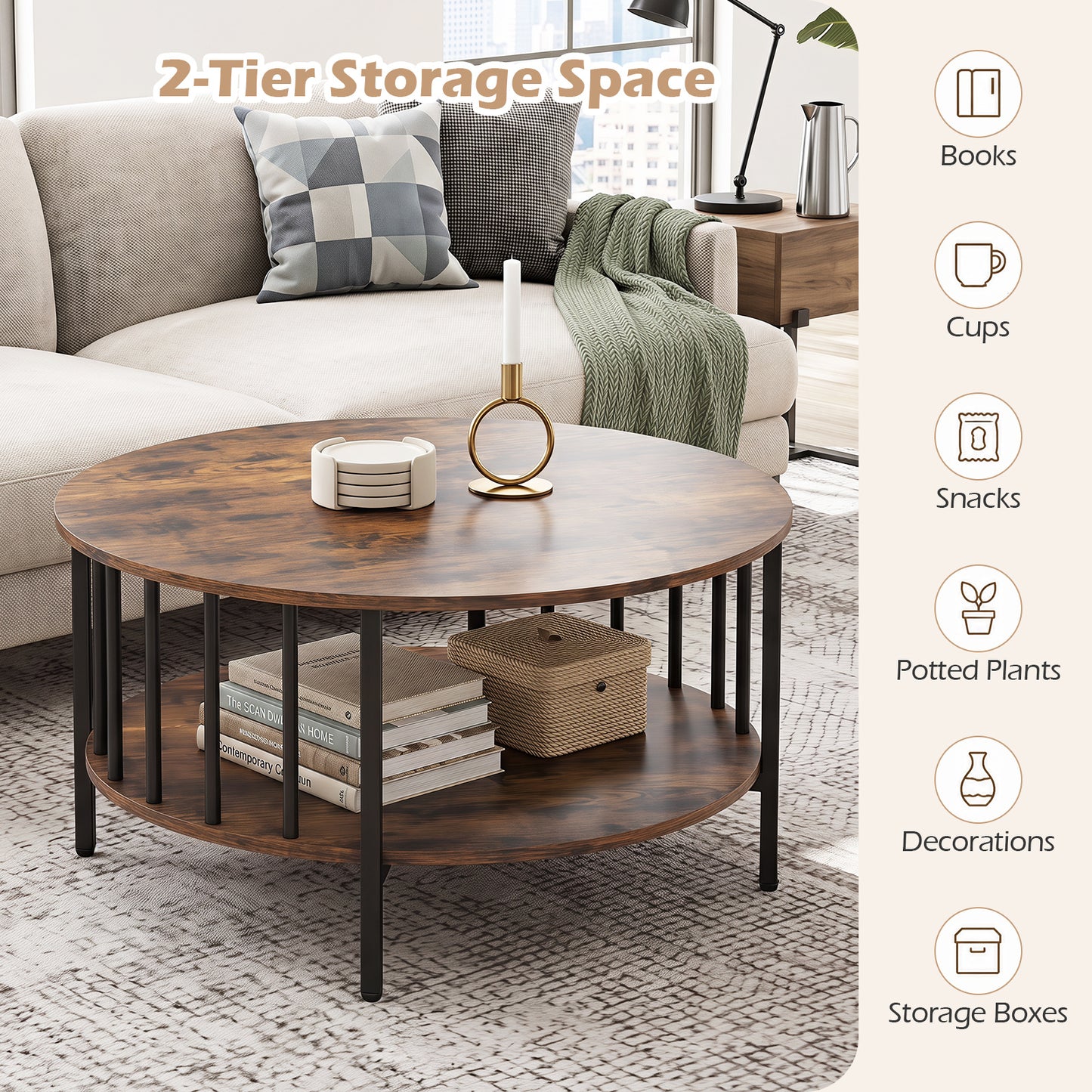 2-Tier Round Coffee Table with Open Shelf & Metal Frame for Living Room Small Spaces-Rustic Brown