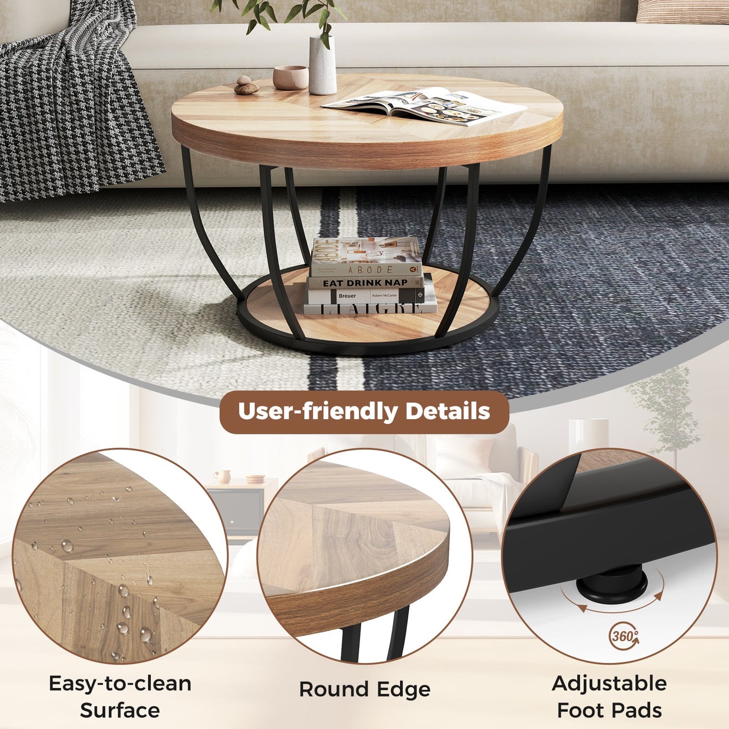 2-Tier Round Coffee Table with Storage Metal Frame Tea Cocktail Table-Natural Colour