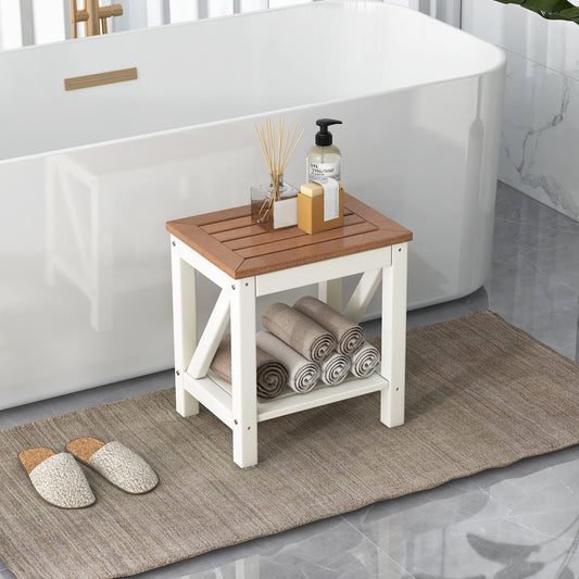 2-Tier Waterproof Shower Bench with Storage Shelf-Brown