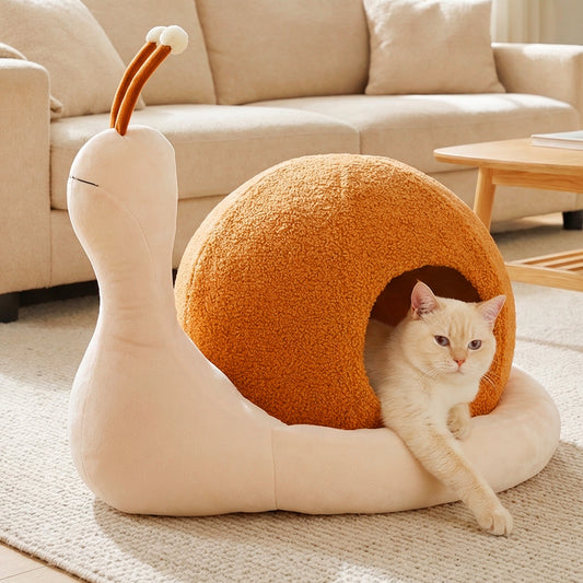 2-in-1 Cute Snail-Shaped Kitten Bed Cave with Removable Washable Cushion Soft Plush and Non-Slip Bottom-Brown