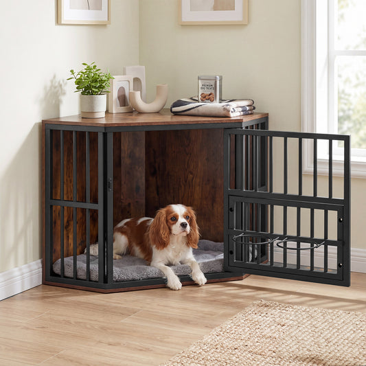 2-in-1 Dog Kennel and Decorative TV Stand with Dog Bowl Rack-Rusticbrown