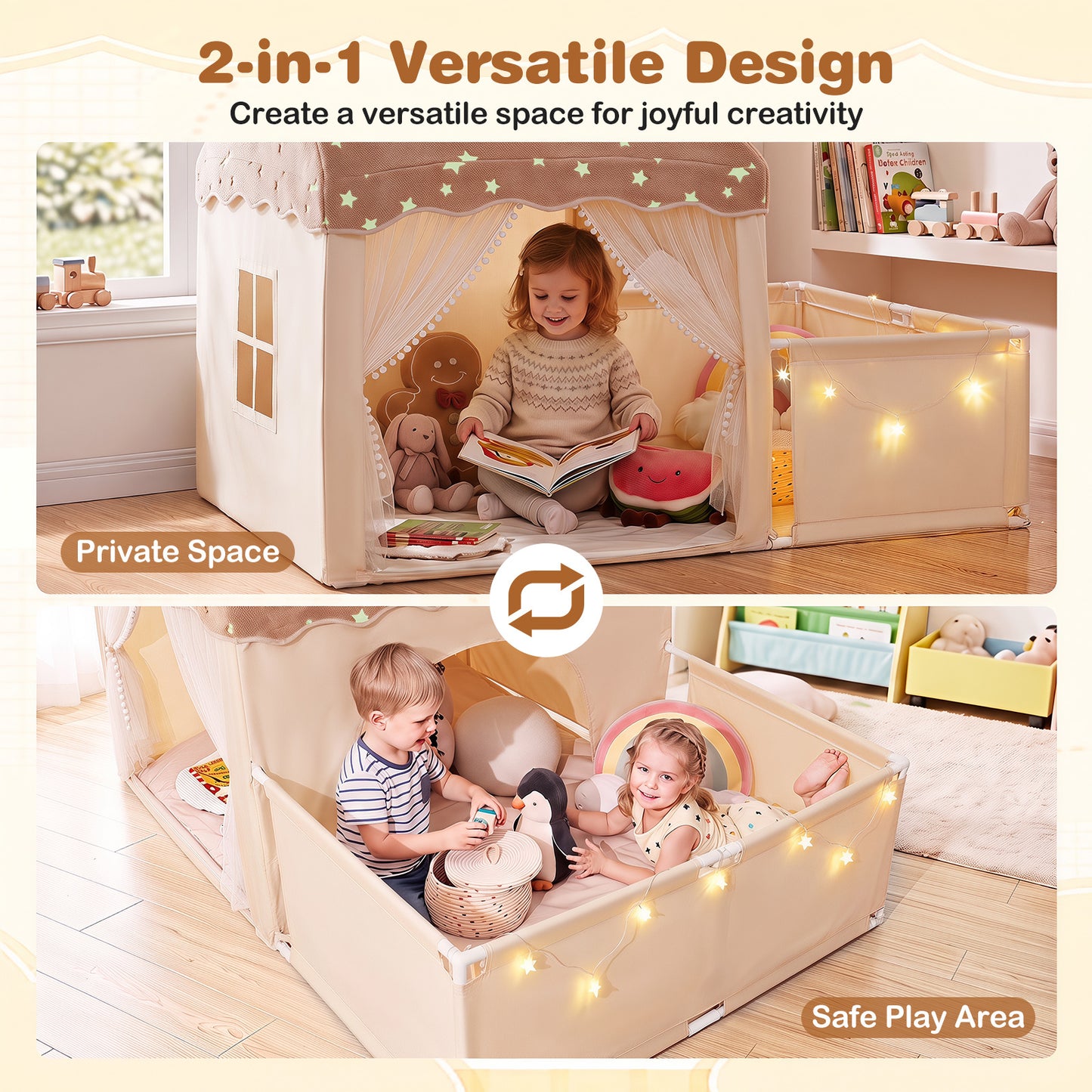 2-in-1 Kids Camping Tent with Attachable Side Playpen for Toddlers-Beige
